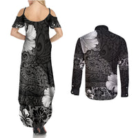 Hawaii Hibiscus With Black Polynesian Pattern Couples Matching Summer Maxi Dress and Long Sleeve Button Shirt LT05 - Polynesian Pride