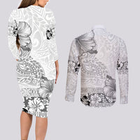 Hawaii Hibiscus With White Polynesian Pattern Couples Matching Long Sleeve Bodycon Dress and Long Sleeve Button Shirt