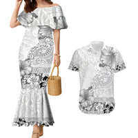 Hawaii Hibiscus With White Polynesian Pattern Couples Matching Mermaid Dress and Hawaiian Shirt LT05 White - Polynesian Pride