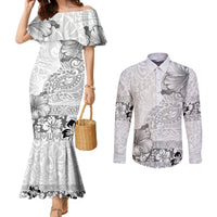 Hawaii Hibiscus With White Polynesian Pattern Couples Matching Mermaid Dress and Long Sleeve Button Shirt LT05 White - Polynesian Pride
