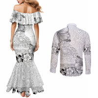 Hawaii Hibiscus With White Polynesian Pattern Couples Matching Mermaid Dress and Long Sleeve Button Shirt LT05 - Polynesian Pride
