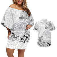 Hawaii Hibiscus With White Polynesian Pattern Couples Matching Off Shoulder Short Dress and Hawaiian Shirt LT05 White - Polynesian Pride