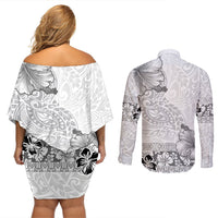 Hawaii Hibiscus With White Polynesian Pattern Couples Matching Off Shoulder Short Dress and Long Sleeve Button Shirt LT05 - Polynesian Pride