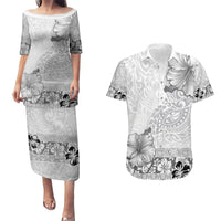 Hawaii Hibiscus With White Polynesian Pattern Couples Matching Puletasi and Hawaiian Shirt LT05 White - Polynesian Pride