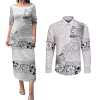 Hawaii Hibiscus With White Polynesian Pattern Couples Matching Puletasi and Long Sleeve Button Shirt LT05 White - Polynesian Pride
