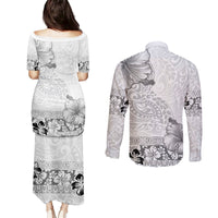 Hawaii Hibiscus With White Polynesian Pattern Couples Matching Puletasi and Long Sleeve Button Shirt LT05 - Polynesian Pride