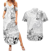 Hawaii Hibiscus With White Polynesian Pattern Couples Matching Summer Maxi Dress and Hawaiian Shirt LT05 White - Polynesian Pride