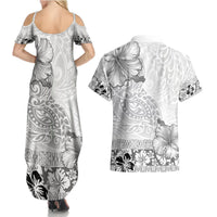 Hawaii Hibiscus With White Polynesian Pattern Couples Matching Summer Maxi Dress and Hawaiian Shirt LT05 - Polynesian Pride