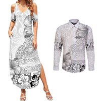 Hawaii Hibiscus With White Polynesian Pattern Couples Matching Summer Maxi Dress and Long Sleeve Button Shirt LT05 White - Polynesian Pride