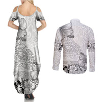 Hawaii Hibiscus With White Polynesian Pattern Couples Matching Summer Maxi Dress and Long Sleeve Button Shirt LT05 - Polynesian Pride