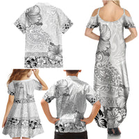 Hawaii Hibiscus With White Polynesian Pattern Family Matching Summer Maxi Dress and Hawaiian Shirt