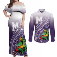 Personalized Manua High School Couples Matching Off Shoulder Maxi Dress and Long Sleeve Button Shirt Polynesian Tribal Pattern LT05 Purple - Polynesian Pride
