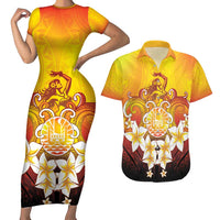 Tahiti Heiva Festival Couples Matching Short Sleeve Bodycon Dress and Hawaiian Shirt Tahitian Vahine Plumeria Flowers