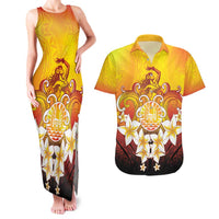 Tahiti Heiva Festival Couples Matching Tank Maxi Dress and Hawaiian Shirt Tahitian Vahine Plumeria Flowers
