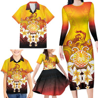 Tahiti Heiva Festival Family Matching Long Sleeve Bodycon Dress and Hawaiian Shirt Tahitian Vahine Plumeria Flowers