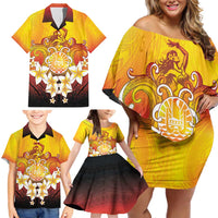 Tahiti Heiva Festival Family Matching Off Shoulder Short Dress and Hawaiian Shirt Tahitian Vahine Plumeria Flowers