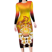 Tahiti Heiva Festival Long Sleeve Bodycon Dress Tahitian Vahine Plumeria Flowers