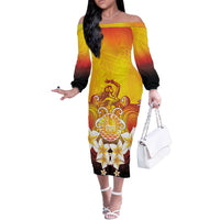 Tahiti Heiva Festival Off The Shoulder Long Sleeve Dress Tahitian Vahine Plumeria Flowers