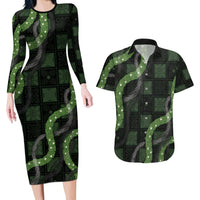 Hawaiian Quilt Couples Matching Long Sleeve Bodycon Dress and Hawaiian Shirt Pele Hair Hinahina Lei Black Version LT05 Black - Polynesian Pride