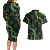 Hawaiian Quilt Couples Matching Long Sleeve Bodycon Dress and Hawaiian Shirt Pele Hair Hinahina Lei Black Version LT05 - Polynesian Pride