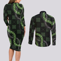 Hawaiian Quilt Couples Matching Long Sleeve Bodycon Dress and Long Sleeve Button Shirt Pele Hair Hinahina Lei Black Version