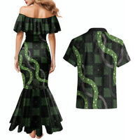 Hawaiian Quilt Couples Matching Mermaid Dress and Hawaiian Shirt Pele Hair Hinahina Lei Black Version LT05 - Polynesian Pride