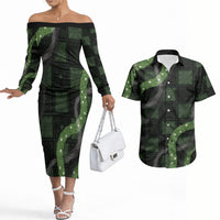 Hawaiian Quilt Couples Matching Off The Shoulder Long Sleeve Dress and Hawaiian Shirt Pele Hair Hinahina Lei Black Version LT05 Black - Polynesian Pride