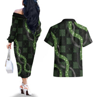 Hawaiian Quilt Couples Matching Off The Shoulder Long Sleeve Dress and Hawaiian Shirt Pele Hair Hinahina Lei Black Version LT05 - Polynesian Pride