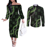 Hawaiian Quilt Couples Matching Off The Shoulder Long Sleeve Dress and Long Sleeve Button Shirt Pele Hair Hinahina Lei Black Version LT05 Black - Polynesian Pride
