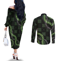 Hawaiian Quilt Couples Matching Off The Shoulder Long Sleeve Dress and Long Sleeve Button Shirt Pele Hair Hinahina Lei Black Version LT05 - Polynesian Pride