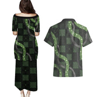 Hawaiian Quilt Couples Matching Puletasi and Hawaiian Shirt Pele Hair Hinahina Lei Black Version LT05 - Polynesian Pride