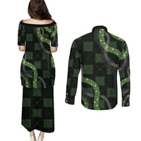 Hawaiian Quilt Couples Matching Puletasi and Long Sleeve Button Shirt Pele Hair Hinahina Lei Black Version LT05 - Polynesian Pride