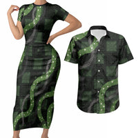 Hawaiian Quilt Couples Matching Short Sleeve Bodycon Dress and Hawaiian Shirt Pele Hair Hinahina Lei Black Version LT05 Black - Polynesian Pride