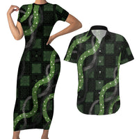 Hawaiian Quilt Couples Matching Short Sleeve Bodycon Dress and Hawaiian Shirt Pele Hair Hinahina Lei Black Version