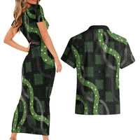 Hawaiian Quilt Couples Matching Short Sleeve Bodycon Dress and Hawaiian Shirt Pele Hair Hinahina Lei Black Version LT05 - Polynesian Pride
