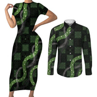 Hawaiian Quilt Couples Matching Short Sleeve Bodycon Dress and Long Sleeve Button Shirt Pele Hair Hinahina Lei Black Version LT05 Black - Polynesian Pride
