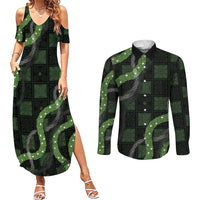 Hawaiian Quilt Couples Matching Summer Maxi Dress and Long Sleeve Button Shirt Pele Hair Hinahina Lei Black Version LT05 Black - Polynesian Pride