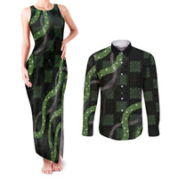 Hawaiian Quilt Couples Matching Tank Maxi Dress and Long Sleeve Button Shirt Pele Hair Hinahina Lei Black Version