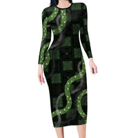 Hawaiian Quilt Long Sleeve Bodycon Dress Pele Hair Hinahina Lei Black Version LT05 Long Dress Black - Polynesian Pride