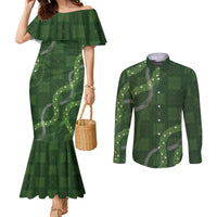 Hawaiian Quilt Couples Matching Mermaid Dress and Long Sleeve Button Shirt Pele Hair Hinahina Lei Green Version