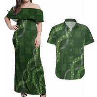 Hawaiian Quilt Couples Matching Off Shoulder Maxi Dress and Hawaiian Shirt Pele Hair Hinahina Lei Green Version LT05 Green - Polynesian Pride