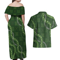 Hawaiian Quilt Couples Matching Off Shoulder Maxi Dress and Hawaiian Shirt Pele Hair Hinahina Lei Green Version LT05 - Polynesian Pride