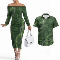 Hawaiian Quilt Couples Matching Off The Shoulder Long Sleeve Dress and Hawaiian Shirt Pele Hair Hinahina Lei Green Version LT05 Green - Polynesian Pride