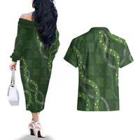 Hawaiian Quilt Couples Matching Off The Shoulder Long Sleeve Dress and Hawaiian Shirt Pele Hair Hinahina Lei Green Version LT05 - Polynesian Pride