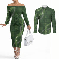 Hawaiian Quilt Couples Matching Off The Shoulder Long Sleeve Dress and Long Sleeve Button Shirt Pele Hair Hinahina Lei Green Version LT05 Green - Polynesian Pride