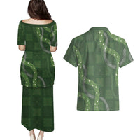 Hawaiian Quilt Couples Matching Puletasi and Hawaiian Shirt Pele Hair Hinahina Lei Green Version