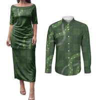 Hawaiian Quilt Couples Matching Puletasi and Long Sleeve Button Shirt Pele Hair Hinahina Lei Green Version LT05 Green - Polynesian Pride