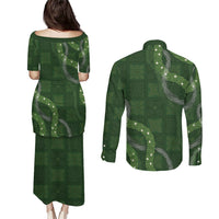 Hawaiian Quilt Couples Matching Puletasi and Long Sleeve Button Shirt Pele Hair Hinahina Lei Green Version