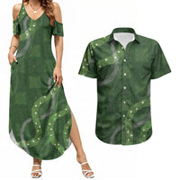 Hawaiian Quilt Couples Matching Summer Maxi Dress and Hawaiian Shirt Pele Hair Hinahina Lei Green Version LT05 Green - Polynesian Pride