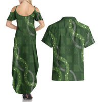 Hawaiian Quilt Couples Matching Summer Maxi Dress and Hawaiian Shirt Pele Hair Hinahina Lei Green Version LT05 - Polynesian Pride